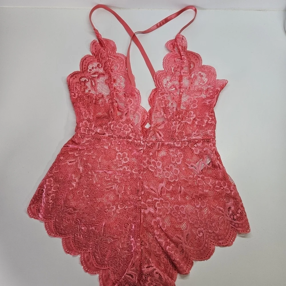 NEW Yandy Midnight Infatuation Lace Romper Teddy Sexy Tea Rose Pink S/M